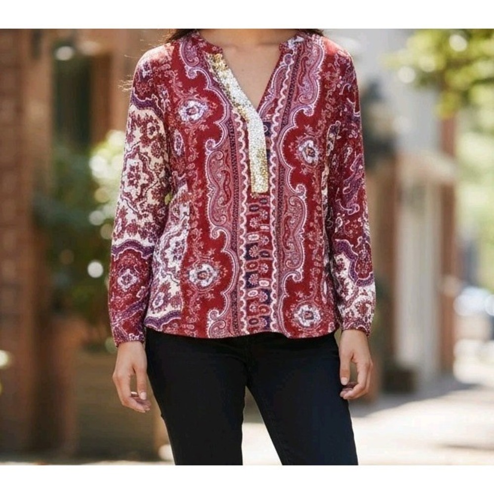 Devas embroidered Sequin ANTHROPOLOGIE Tiny Size Xs Popover Boho Shirt Boxy